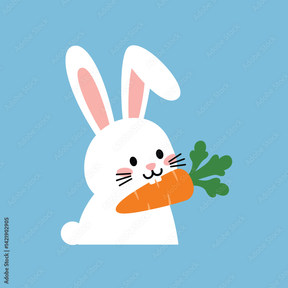 Obraz premium Cute white bunny holding fresh orange carrot in mouth on blue background vector illustration 