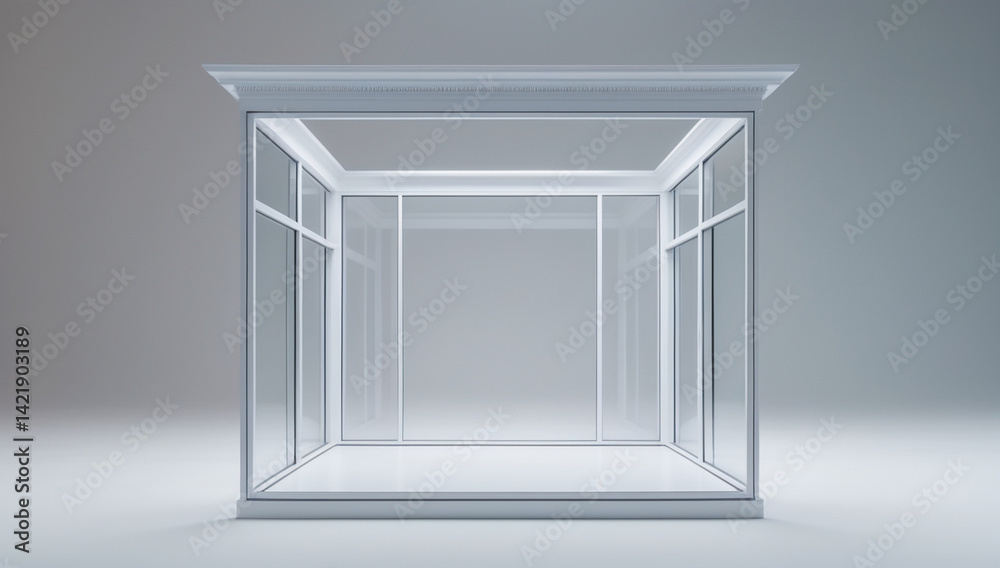 Fototapeta premium Clean, white, empty display case or showcase with glass panels, illuminated from above, against a soft background.