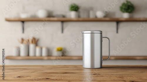 Obraz na płótnie Minimalist Metal Pitcher on Wood Table with Blurry Background, Neutral Kitchen Decor Still Life. w salonie