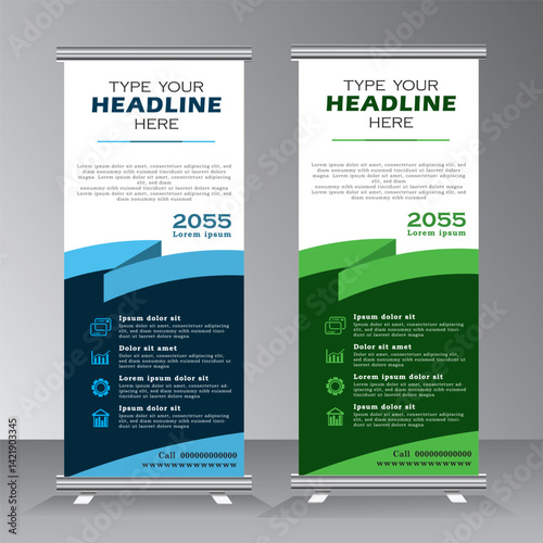 roll up banner stand design with abstract geometric colorful. Green and blue standee design, vertical banner, x standee banner template. pull up banner, presentation and brochure flyer. vector,