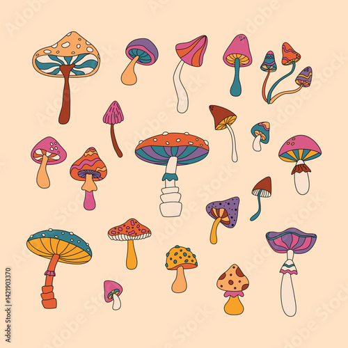Groovy Mushroom Gathering A whimsical array of retro fungi
