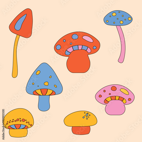Groovy mushroom medley with retro flair  vibrant hues