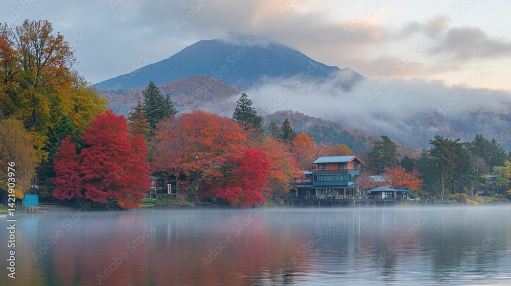 Fototapeta premium Breathtaking autumn at lake kawaguchiko vibrant colors and majestic mount fuji in the background