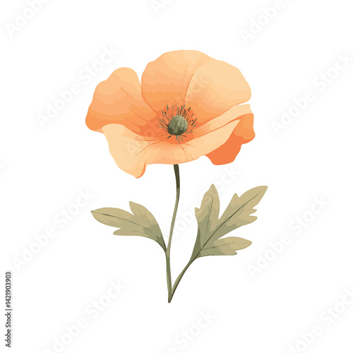 Playful 2D poppy flower mascot, soft pastel orange, minimalistic clean design