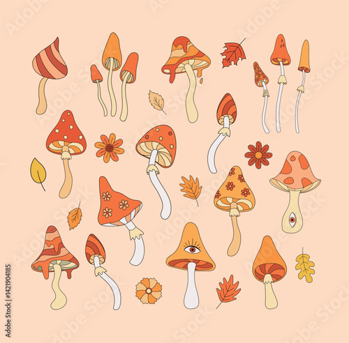Retro mushroom patch psychedelic toadstools  autumn leaves in orange hues