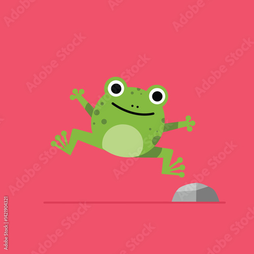 Green frog jumping over a gray rock on pink background vector illustration with playful and simple style 