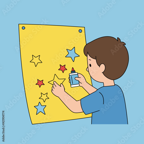 Boy crafting colorful stars on yellow paper blue background vector illustration for creative leisure activities 