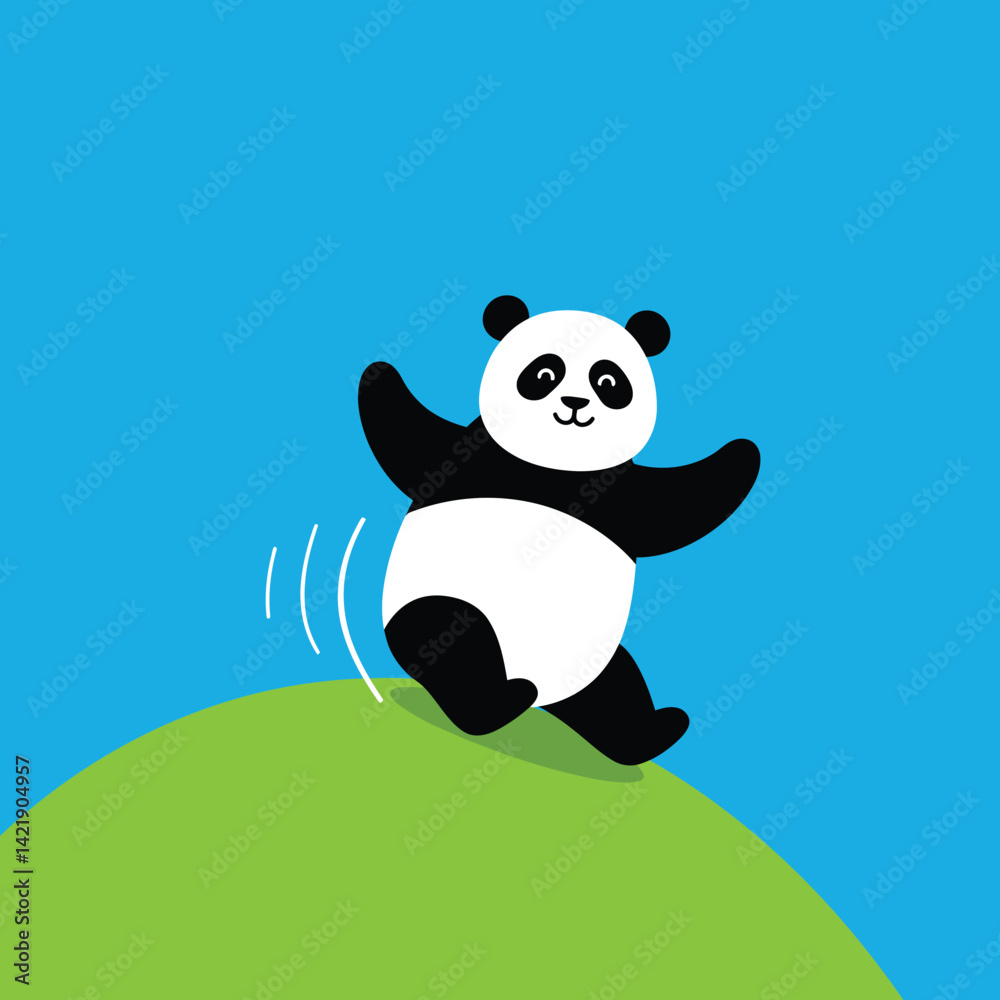 Naklejka premium Panda bear walking playfully on green hill with bright blue sky background vector illustration 