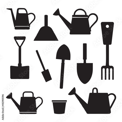 Gardening tools flat style Vector Silhouettes Collections White Background.