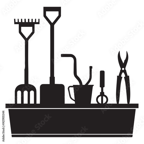 Gardening tools flat style Vector Silhouettes Collections White Background.