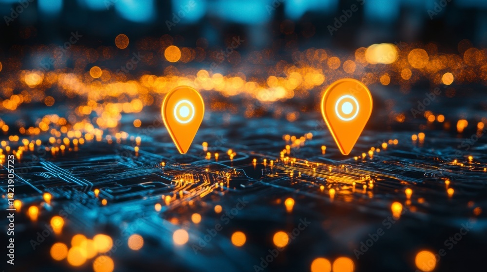 Abstract digital map with glowing orange location markers on a dark circuit board background.
