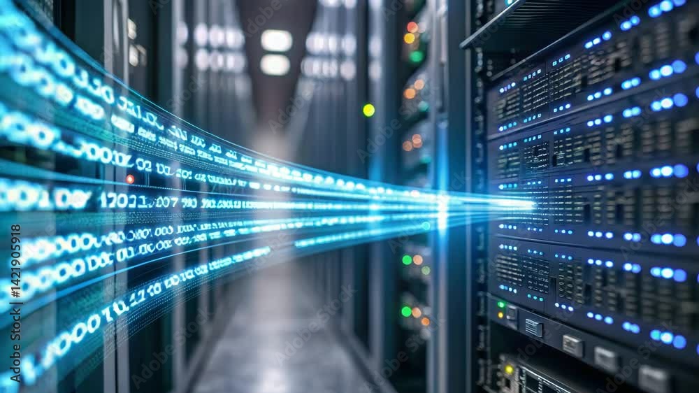 The image features a data center with illuminated server racks and visualized data flow represented by glowing binary code. The image features a data center with illuminated server racks and visualized data flow represented by glowing binary code.
