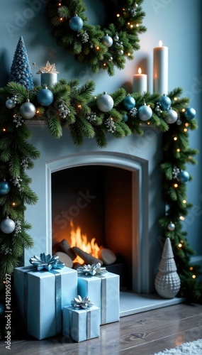 Icy blue and silver decorations complement lush evergreen garland on a wooden mantle holding presents, icyblue, holiday