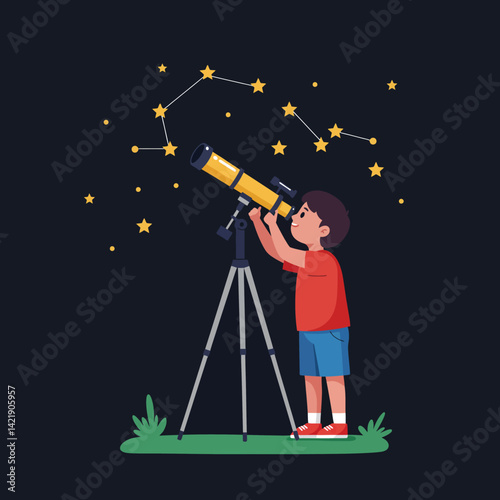 Boy observing stars through yellow telescope under night sky with constellations vector illustration 