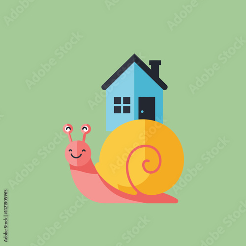 Snail carrying house on back with smiling face in flat vector style on green background 