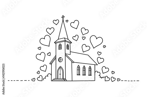 wedding church icon surrounded by hearts in romantic hand drawn vector style