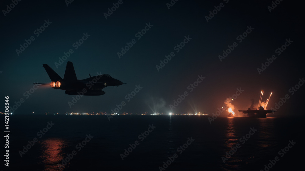 Fototapeta premium military jet flies over dark ocean, with explosions illuminating night sky and distant city lights reflecting on water