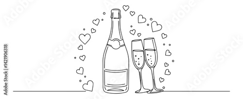 wedding champagne icon with bottle and glasses surrounded by hearts in vector style
