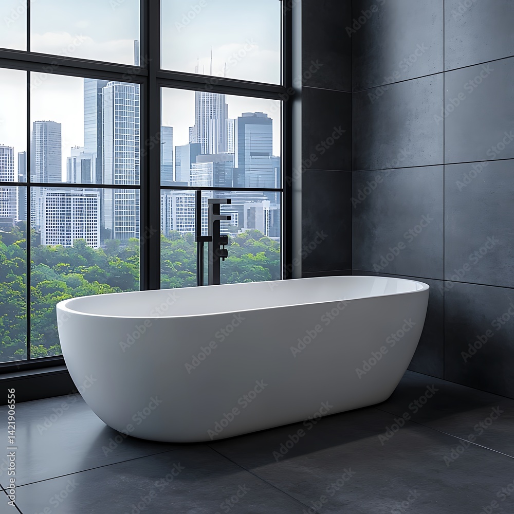 Modern Bathroom Interior with Freestanding Tub and Large Window Overlooking City Skyline, Contemporary Design Featuring Clean Lines and Minimalist Aesthetic.