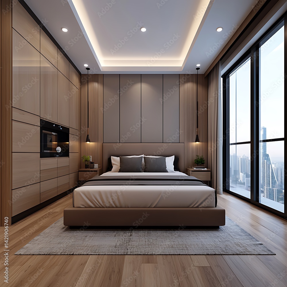 Modern Bedroom Interior Design: Elegant Furnishings, City View, Wooden Accents, Neutral Colors, and Ambient Lighting Create Serene Ambiance