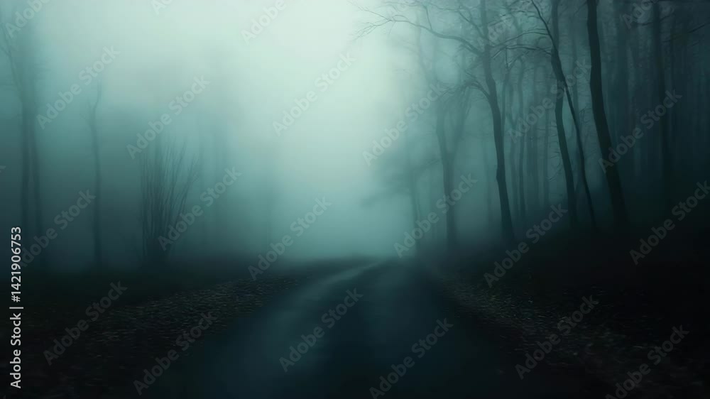 Winding road disappears into dense fog, dark shadowy trees. Eerie atmosphere, mystery and intrigue. Feelings of solitude and reflection. Unknown scary misty path through forest in night.