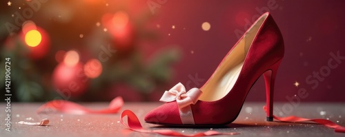 High heel shoe with a red gift box and white ribbon peeking out from under the toe cap, festive, shoe, luxury