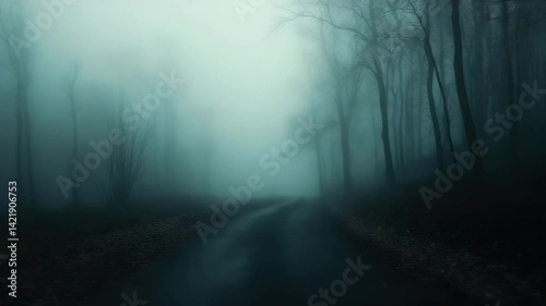 Winding road disappears into dense fog, dark shadowy trees. Eerie atmosphere, mystery and intrigue. Feelings of solitude and reflection. Unknown scary misty path through forest in night.