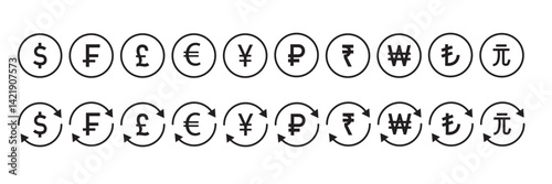 pound sterling Euro Yen Ruble Franc Lira Won Yuan and Rupee for money transfer and investment forex exchange concept , Illustrator and EPS file.