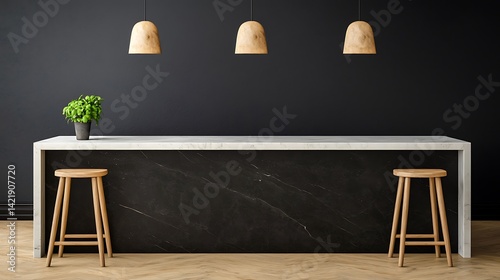 Obraz na płótnie Modern Countertop Interior Design: Minimalist Room with Wood Stools, Potted Plant, and Hanging Lights Against a Textured Wall. w salonie