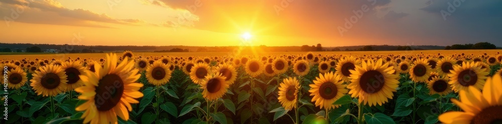 Fototapeta premium Evening sunlight casting long shadows on sunflower fields, sunset, landscape