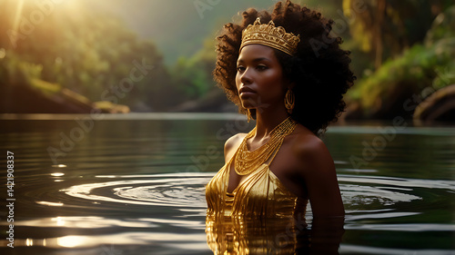 Graceful Oxum: Goddess of Fresh Waters in Golden Glow. Umbanda Brazilian Entity	
