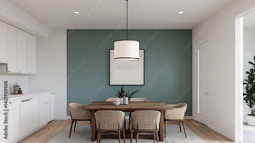 Modern Dining Area with Green Accent Wall, Wood Table, Woven Chairs, and Natural Light Decorating a Minimalist Interior Space.