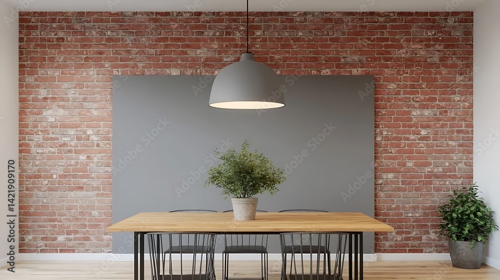 Modern Dining Area with Brick Wall, Wood Table, Pendant Light, and Green Plants for Interior Decor Inspiration.