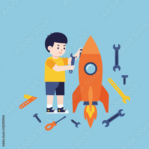 Boy assembling orange rocket toy with tools on blue background vector illustration 