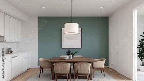 Obraz na płótnie Modern Dining Area with Green Accent Wall, Wood Table, Woven Chairs, and Natural Light Decorating a Minimalist Interior Space. w salonie