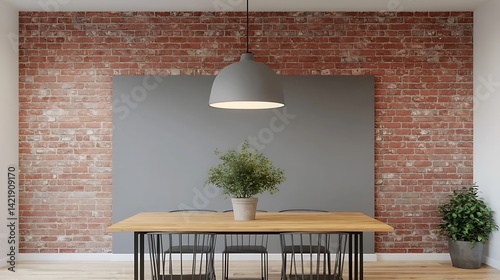 Obraz na płótnie Modern Dining Area with Brick Wall, Wood Table, Pendant Light, and Green Plants for Interior Decor Inspiration. w salonie