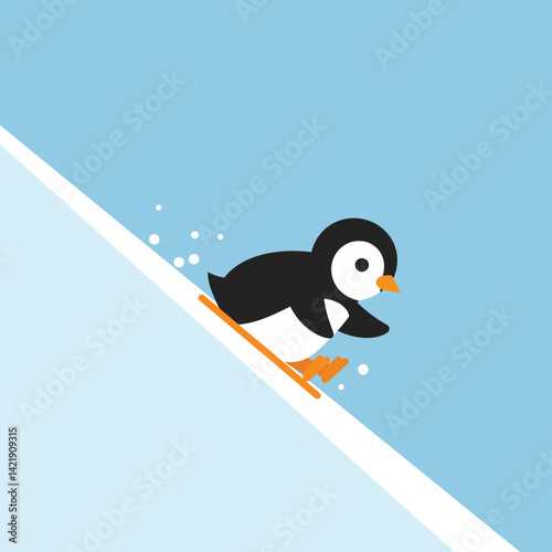 Penguin sliding down snowy slope in winter landscape with blue sky background vector illustration 