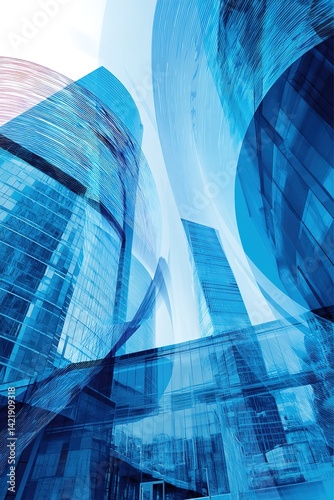 Abstract blue toned modern architecture skyscrapers perspective view upward.