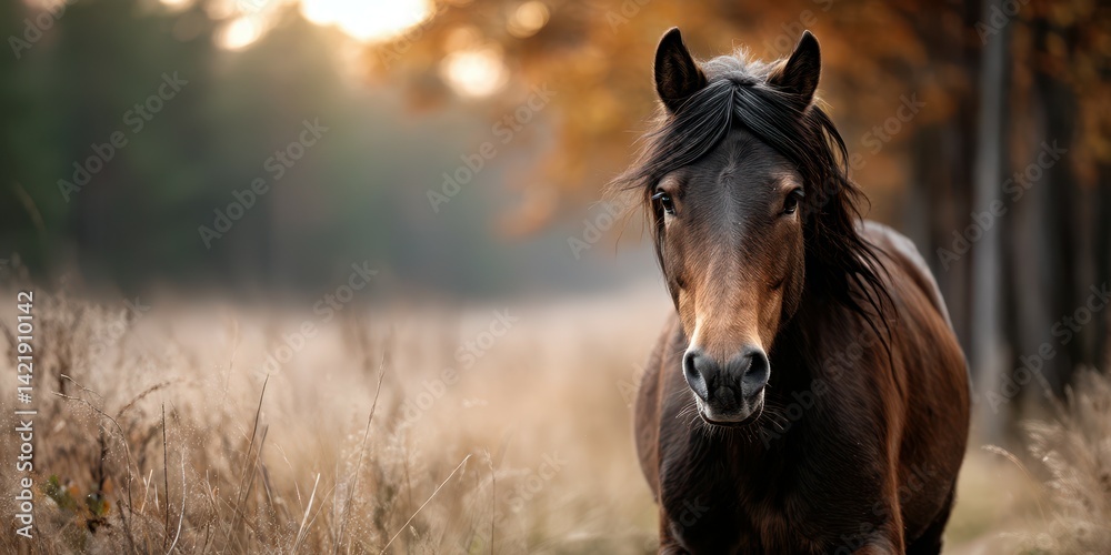 Obraz premium Wild horse walking through golden autumn grass in a tranquil forest setting at sunset
