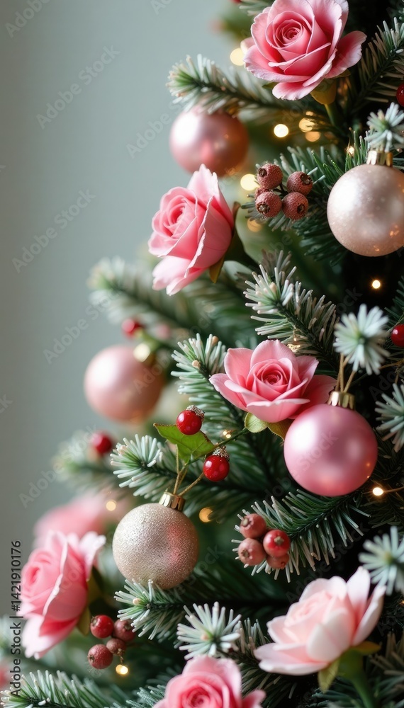 Fototapeta premium A whimsical Christmas tree adorned with pink and white flowers, berries, and ribbons, ribbons, ornaments