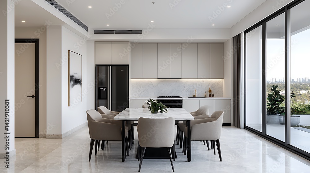 Modern Dining Area with Sleek Kitchen Design, Elegant Furniture, and Bright Natural Light, Interior Architecture Photography.