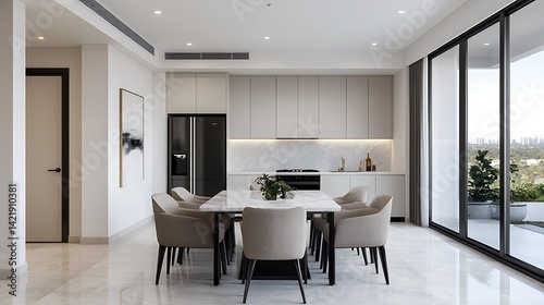 Obraz na płótnie Modern Dining Area with Sleek Kitchen Design, Elegant Furniture, and Bright Natural Light, Interior Architecture Photography. w salonie