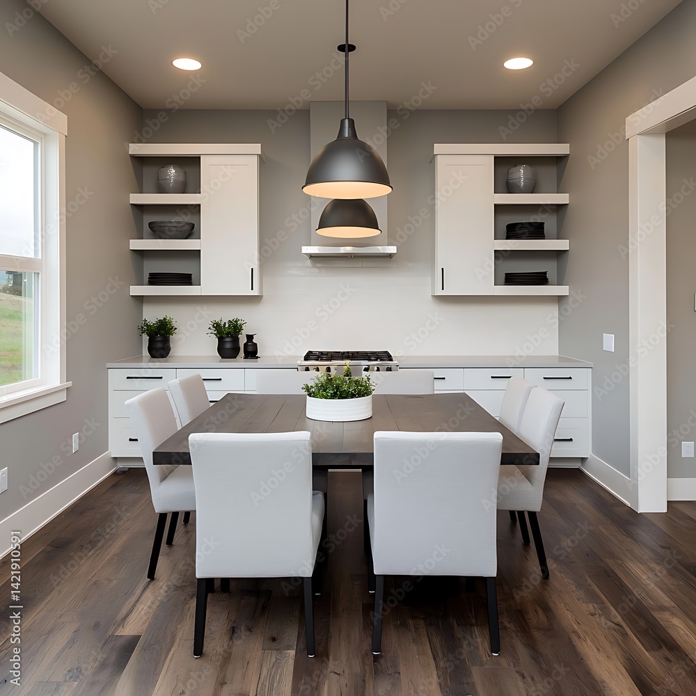 Modern Dining Area with Wood Floors, Gray Walls, White Cabinets, and Stylish Lighting Fixtures Display.