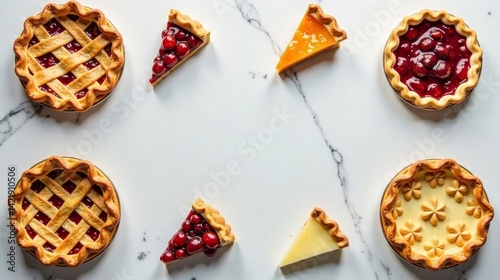 Wallpaper Mural A delightful assortment of sweet pies and tarts, featuring various fruit fillings and creamy textures, arranged artfully on a pristine marble surface. Torontodigital.ca