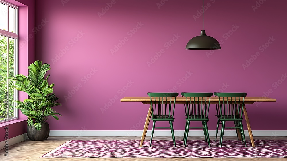 Modern Dining Area with Purple Wall, Wooden Table, Green Chairs, and Indoor Plant Interior Decor.