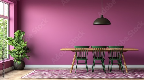 Modern Dining Area with Purple Wall, Wooden Table, Green Chairs, and Indoor Plant Interior Decor.