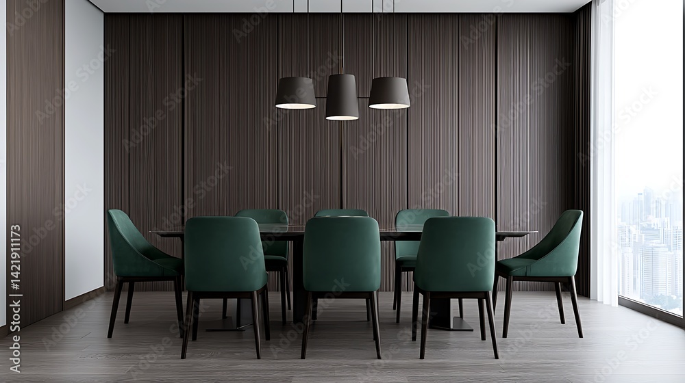 Modern dining room design with dark wood paneling, pendant lighting, and elegant green velvet chairs creating a sophisticated space.
