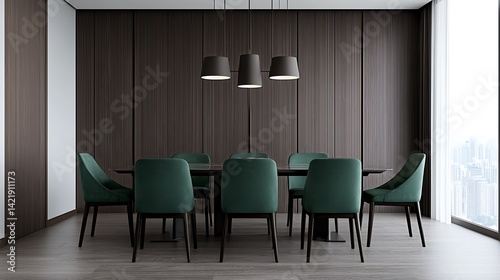 Obraz na płótnie Modern dining room design with dark wood paneling, pendant lighting, and elegant green velvet chairs creating a sophisticated space. w salonie