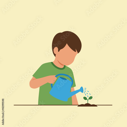 Boy watering plant with blue watering can caring for small green seedling vector illustration 