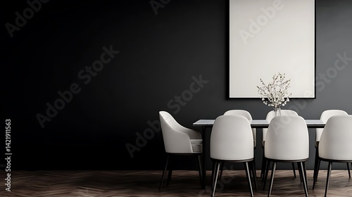 Obraz na płótnie Modern Dining Room Interior Design with Black Wall, Parquet Flooring, White Chairs, and Minimalist Floral Arrangement. w salonie
